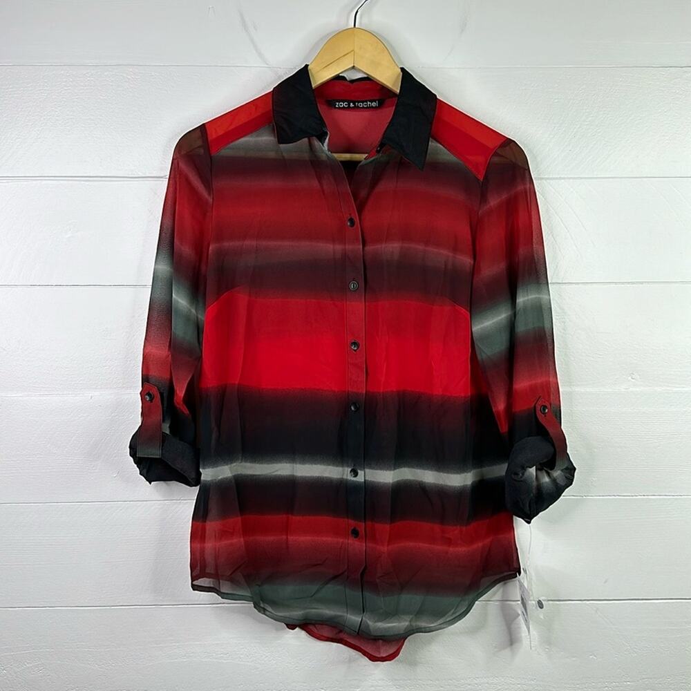 ZAC & RACHEL Red Black Gray Button Up Blouse‎ Rolled Sleeve Shirt Top Size Small
